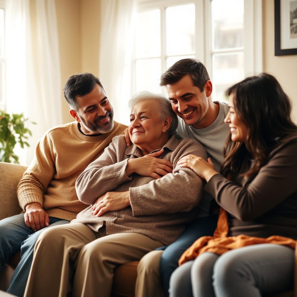 Family gathered around their loved one in a warm living room
